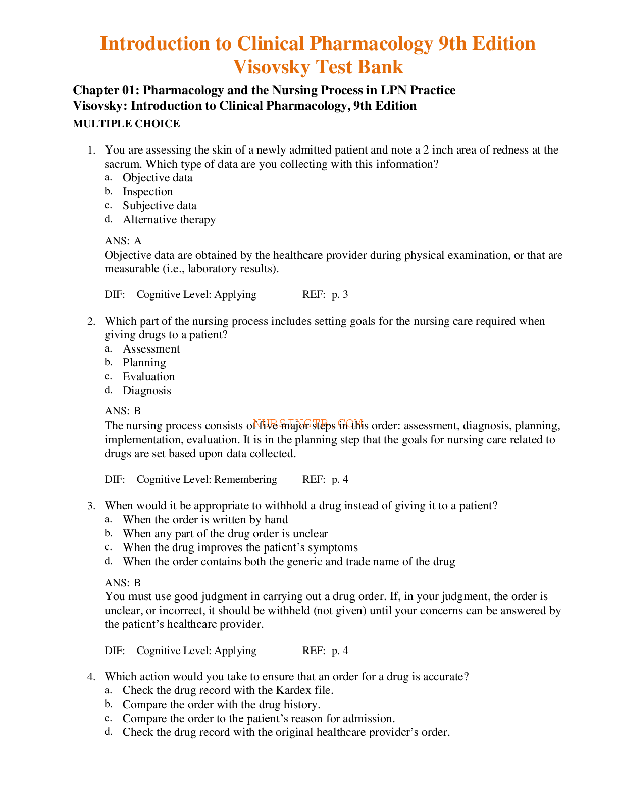 Test Bank Introduction to Clinical Pharmacology 9th Edition Visovsky